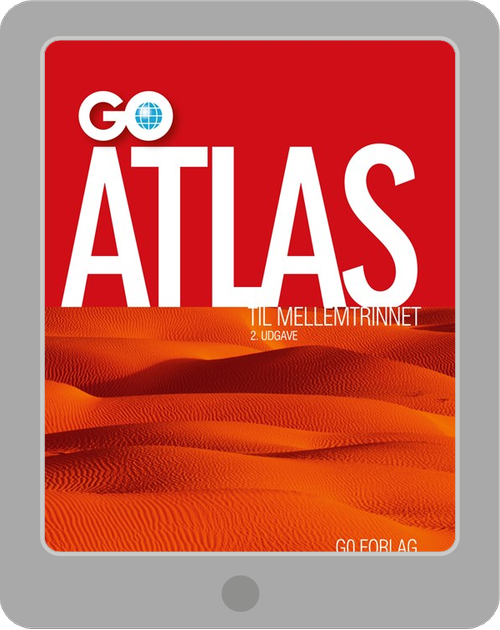 E-bogen af GO Atlas til mellemtrinnet i grundskolen er en side-for-side gengivelse af det trykte atlas.